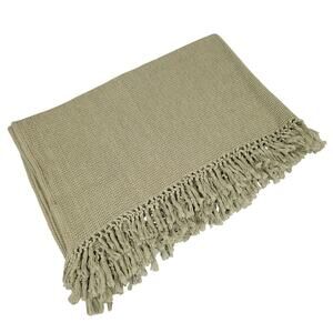 Vintage Pier 1 Imports 100% Cotton Garter Stitch Knit Throw Blanket Fringe Sage